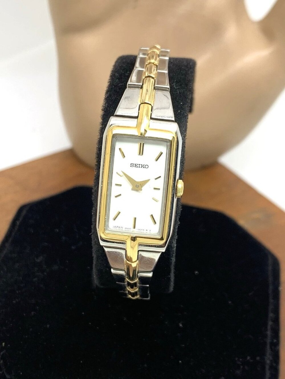 Seiko Women's Watch SWR044 Quartz Petite Tank Rectangle White Dial 2-Tone Steel